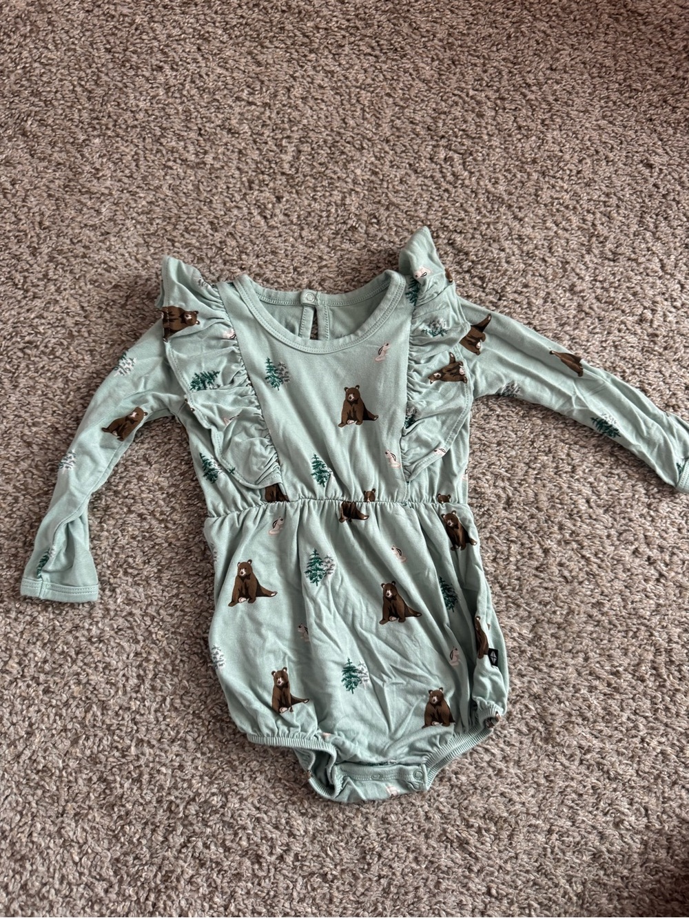 Kyte BABY Sage Green Bear Print Ruffled Romper